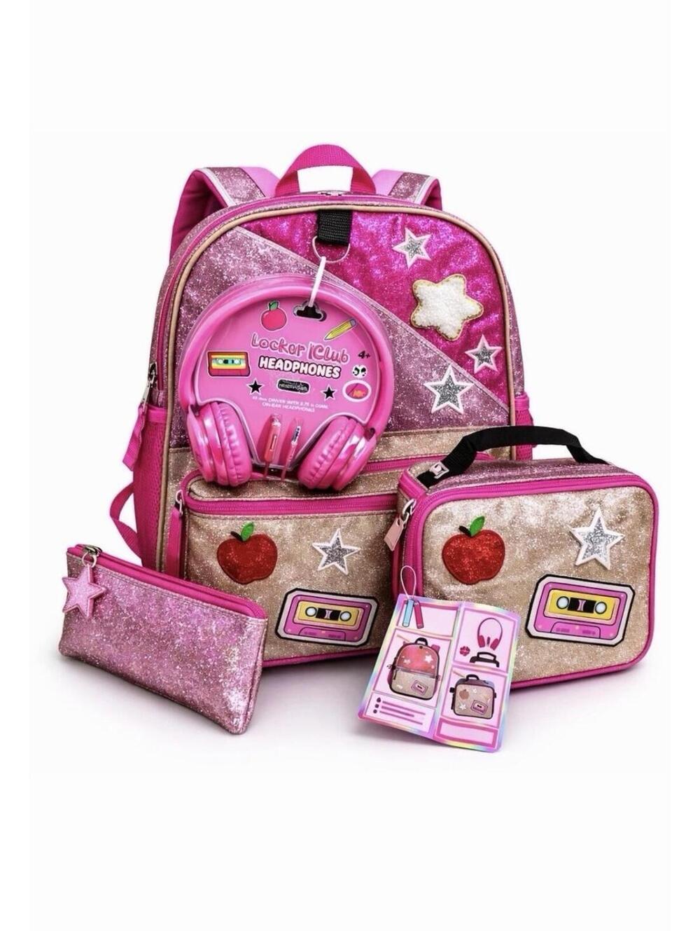 Locker Club Pink Glitter School Backpack Set with Headphones & Pouch